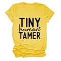 Detail of Tiny Human Tamer text on yellow heathered cotton short sleeve t-shirt - S / Black Font / Yellow