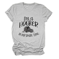Close-up of light gray cotton T-shirt featuring creative crochet hook and yarn print - Light Grey (Black Font)