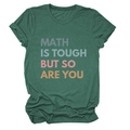 Detail of dark green cotton blend T-shirt with 'MATH IS TOUGH BUT SO ARE YOU' slogan print - Vintage Green