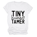 Close-up of Tiny Human Tamer typography on white cotton short sleeve t-shirt - S / Black Font / White