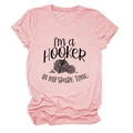 Detail of pink cotton T-shirt featuring funny crochet hooker print and knitting graphics - Pink (Black Text)