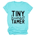 Detail of lake blue T-shirt featuring TINY HUMAN TAMER text and soft marl texture - S / Black Font / Deep Water Blue