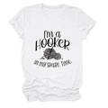 Close-up of crochet themed graphic and typography on a white cotton T-shirt - White (Black Font)