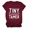 Detail view of burgundy cotton blend t-shirt with white Tiny Human Tamer typography - S / White Font / Burgundy