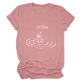 Detail of heather pink cotton t-shirt featuring funny I'm Fine graphic print and crew neck - Rose Gold (White Letters)