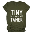 Detail of army green cotton T-shirt featuring white Tiny Human Tamer graphic print - S / White Font / Army Green