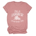 Detail of dusty rose T-shirt with white knitting graphic and I'm a Hooker text - Rose Gold (White Font)