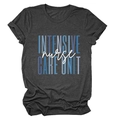 Detailed view of Intensive Care Unit Nurse text on dark grey round neck t-shirt - Black Heather Grey