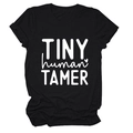 Detail of Tiny Human Tamer text print and soft cotton fabric on black casual T-shirt - S / White Font / Black