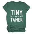 Detail of Tiny Human Tamer graphic on dark green round neck short sleeve cotton T-shirt - S / White Font / Vintage Green