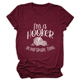Close-up of burgundy cotton T-shirt featuring white crochet theme print and round neck - Wine Red (White Font)