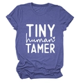 Detail of Tiny Human Tamer text print on purple soft cotton crewneck t-shirt - S / White Font / Vintage Blue