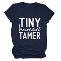Detail of white TINY human TAMER print on a navy blue cotton crew neck t-shirt - S / White Font / Navy Blue