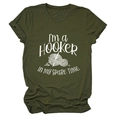 Detail of olive green t-shirt with I'm a Hooker crochet pun and yarn graphic - Army Green (White Font)