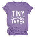 Detail of Tiny Human Tamer slogan print and heart graphic on lilac crew neck T-shirt - S / White Font / Purple