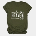 Close-up of olive green T-shirt with white Make Heaven Crowded slogan and heart - Army Green (White Font)