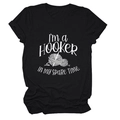 Flat lay of a black cotton T-shirt featuring a white 'I'm a Hooker' crochet theme print - Black (White Font)