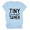 Detail of light blue t-shirt featuring 'TINY human TAMER' print and rolled sleeves - S / Black Font / Light Blue