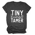 Detail of Tiny Human Tamer text print on dark grey soft cotton blend t-shirt - S / White Font / Black Heather Grey