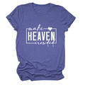 Detail of violet blue short sleeve t-shirt featuring make HEAVEN crowded text and heart - Retro Blue (White Font)