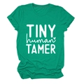 Close-up of green cotton T-shirt with white TINY human TAMER text on white background - S / White Font / Dark Green