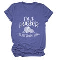 Detail of blue-purple cotton T-shirt featuring crochet hook and yarn ball graphic print - Vintage Blue (White Font)