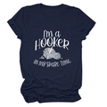 Close-up of navy blue T-shirt with white I'm a Hooker in My Spare Time crochet graphic - Navy Blue (White Font)