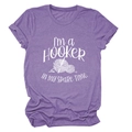 Detail of heathered purple cotton T-shirt with white knitting pun graphic and slogan - Purple (White Font)