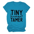 Detail of teal cotton T-shirt featuring TINY human TAMER letter print and soft crew neck - S / Black Font / Lake Blue