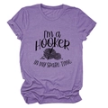 Heather purple short sleeve T-shirt with hooker slogan and crochet illustration - Purple (Black Font)