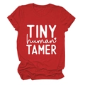 Detail of red crew neck T-shirt featuring TINY HUMAN TAMER white graphic print - S / White Font / Red