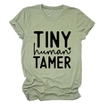 Sage green short sleeve t-shirt featuring Tiny Human Tamer print with rolled cuffs - S / Black Font / Olive Green