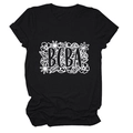 Close-up of floral BCBA print on black cotton T-shirt showing intricate line art - Black (White Text)