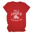 Close-up of red cotton T-shirt with I'm a Hooker knitting print and rolled sleeve detail - Red (White Font)