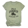 Close-up of heather green cotton T-shirt featuring 'I'M a Hooker' crochet print - Olive Green (Black Font)