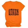 Detailed view of BCBA floral print on bright orange cotton crewneck short sleeve t-shirt - Orange (Black Text)