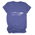 Detail of soft purple-blue round neck T-shirt with birds and positive text print - Retro Blue (White Text)