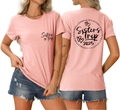 Front and back detail of pink Sisters Trip 2025 t-shirt with heart graphics and typography - S / Pink (Black Font)