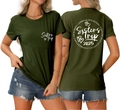 Front and back view of olive green Sisters Trip 2025 cotton T-shirt with heart graphics - S / Army Green (White Font)