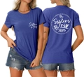 Detail of Sisters Trip 2025 print on blue cotton T-shirt showing front and back design - S / Retro Blue (White Font)