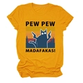 Detail van geel katoenen T-shirt met retro grafische print van een kat - S / Mosterdgeel