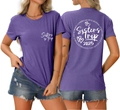 Detail of purple cotton T-shirt featuring Sisters Trip 2025 white screen print design - S / Purple (White Font)