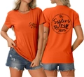 Front and back detail of orange Sisters Trip 2025 t-shirt with heart graphic and slogan - S / Orange (Black Font)