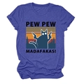 Détail de l'imprimé chat Pew Pew Madafakas sur t-shirt bleu chiné avec soleil rétro - Bleu Vintage