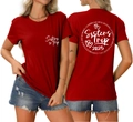 Detail showing red Sisters Trip 2025 graphic print on front and back of the cotton t-shirt - S / Red (White Font)