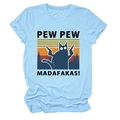 T-shirt bleu clair Pew Pew Madafakas avec imprimé chat rétro et manches retroussées - Bleu clair