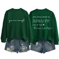 Flat lay of green crewneck sweatshirt with 'you are enough' print and ripped denim shorts - S / Dark Green (White Font)
