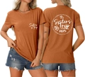 Detail of sisters trip 2025 print on rust-red crewneck T-shirt showing front and back views - S / Burnt Orange (White Font)