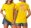 Detail view of yellow T-shirt with pink SWIM MOM print and WHAT HEAT ARE THEY ON text - Yellow