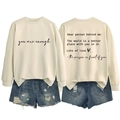 Detailed front and back view of cream crewneck sweatshirt with inspiring text print - S / Sand (Black Font)